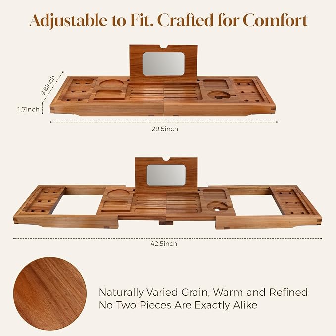 Bathtub Tray, Foldable & Extendable Acacia Wood Bath Caddy with Non-Slip Design, Space-Saving Adjustable Bathtub Shelf for Book, Wine, Tablet, Spa Gift for Women Men
