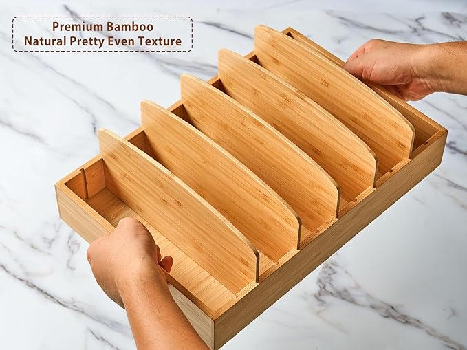 Extra Large Bamboo Food Container Lid Organizer for Kitchen Cabinet | Adjustable Slots - Tall Dividers for Large Lids - Premium Bamboo, Pretty Color - Versatile Caddy in Drawer - Anti-Skid Pads