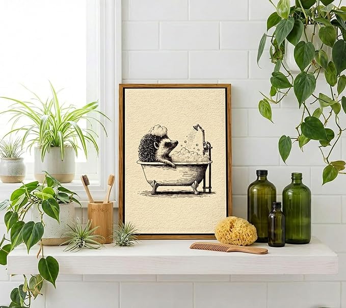 Floating Framed Funny Hedgehog Bathroom Canvas Wall Art, Cute Animal Bathing in Bathtub Painting Picture Wall Decor, Vintage Neutral Sketch Poster Print Artwork, for Bathroom, Home Decoration 12x16in