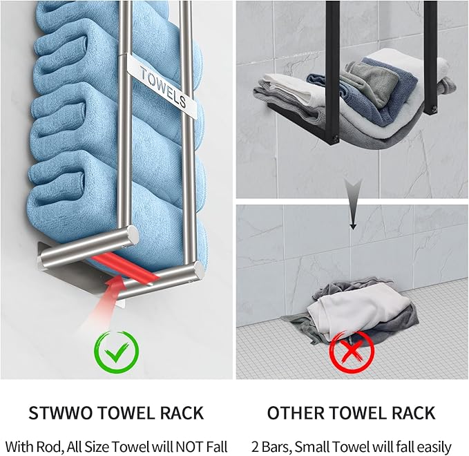 Towel Racks for Bathroom, STWWO Towel Storage for Small Bathroom 22inch, Stainless Steel Towel Rack Wall Mounted for Bath Towel, Brushed Nickel | Towel Storage for Small Bathroom Can Holds 4 Large Rolled Towels Bath
