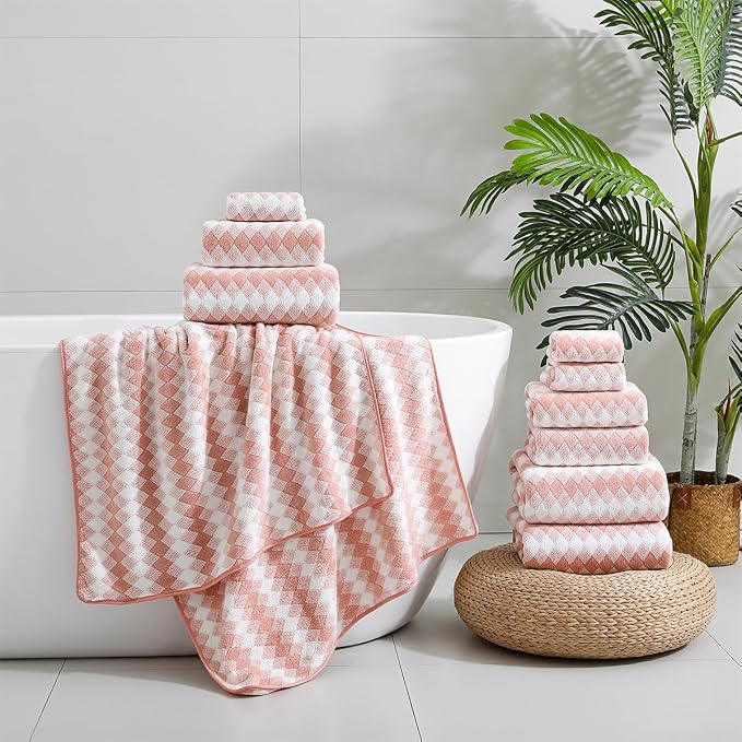 12 Pcs Pink White Diamond Towel Set-4 Bath Towels,4 Hand Towels,4 Washcloths Soft Polyester Towels with Loop Absorbent Shower Towel Quick Dry Beach Chair Towel Family Towels for Bathroom Spa Gym Pool
