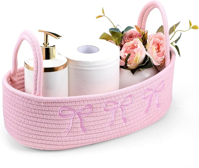 Vesici Pink Bow Woven Storage Basket for Toilet Tank Top with Handle | Cotton Rope Basket Holds Toilet Paper, 13x6x4 Inch Bathroom Organizer, Boho Pink Decor in Countertop Bedroom Nursery