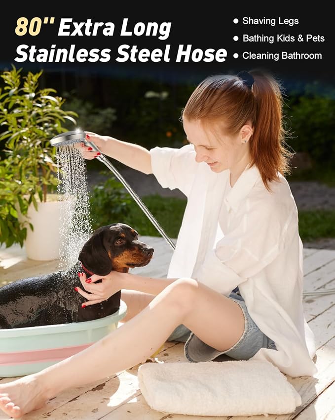 High Pressure Handheld Shower Head with Hose, Brushed Nickel | 80" Extra Long Stainless Steel Hose & Adjustable Bracket, Shower Heads with ON/OFF Switch for Pets Bath