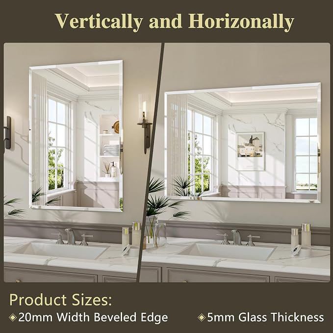Frameless Bathroom Mirror, 55" x 36" Beveled Wall Mirror | 5mm HD glass, 20mm beveled edge, frameless, anti-rust, shatterproof, french cleat, horizontally or vertically