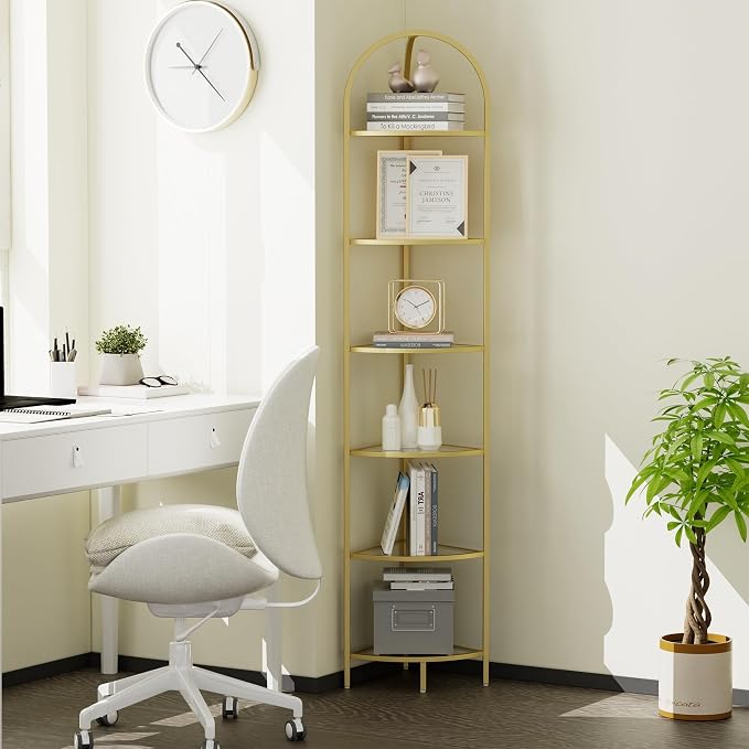 Homhedy 6-Tier Gold Corner Shelf Stand, Metal Corner Bookshelf | Display Shelf, Tempered Glass Shelves, Plant Stand, Storage Rack Shelf for Bedroom, Living Room, Home, Office, Gold