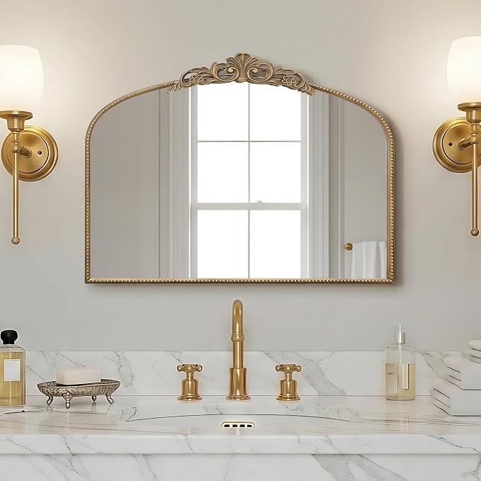 Micasso Vintage Gold Arched Mirror: 32"x24" Baroque Antique Vanity Mirror | Traditional Ornate French Decorative Wall Mirror for Bedroom/Bathroom/Entryway/Hallway/Dresser/Mantel/Nightstand/Over Sink