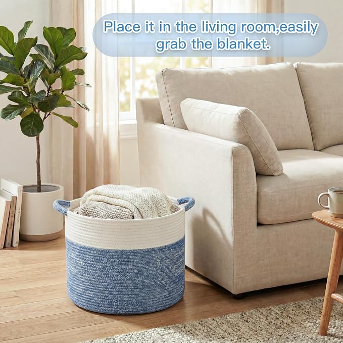 Artfeel 100L Large Cotton Rope Basket, Decorative Woven Blanket Storage for Living Room, Boho Toy Storage & Toy Box for Kids, Versatile Laundry Basket & Nursery Hamper for Blankets(DenimBlue)