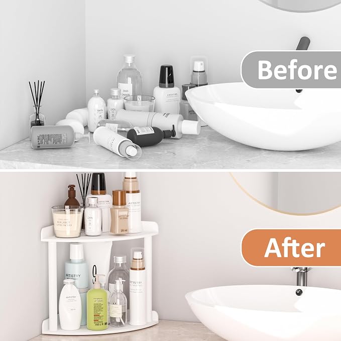 Sezanrpt 2 Tier Countertop Corner Organizer Shelf 7x7x8 Inch, White Acrylic Bathroom Vanity Storage Organizer Corner Shelf for Skincare, Cosmetics, Perfume