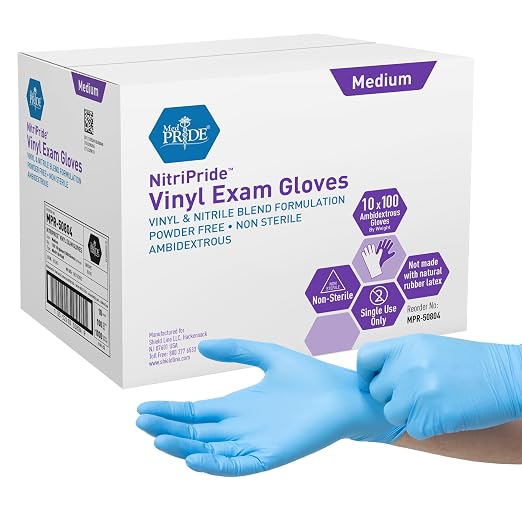 MED PRIDE Nitrile/Vinyl Blend Exam Gloves,Powder-Free,Blue,Medium,1000-Ct