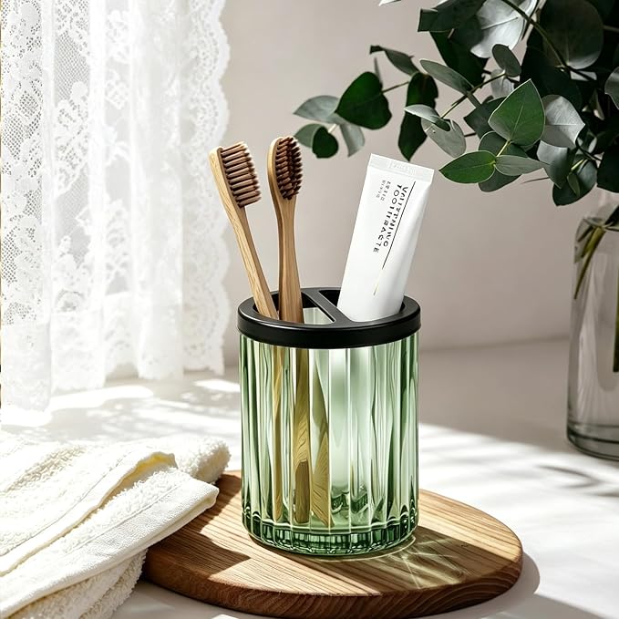 8oz Toothbrush Holders for Bathrooms, Green Striped Toothbrush Cup, Green | Bathroom Tumbler and Mouthwash Cup with Black Divider, Tooth Brush and Toothpaste Organizer for Countertop