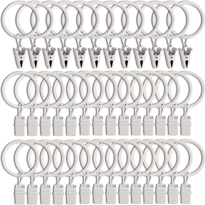 LLPJS 40 Pack Curtain Rings with Clips, Curtain Clip Rings Hooks, Bow Hanger Clips for Hanging Drapery Drapes Bows, Ring 1.26 inch Interior Diameter, Fits up to 1" Rod, White