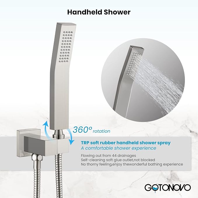 gotonovo Shower Faucet Set with Handheld Spray Brushed Nickel,8'' Head | SUS304 Rainfall Shower Head and Handle Set System Fixture,Pressure Balance Valve Trim Kit,Single Handle,Wall Mount,All Metal