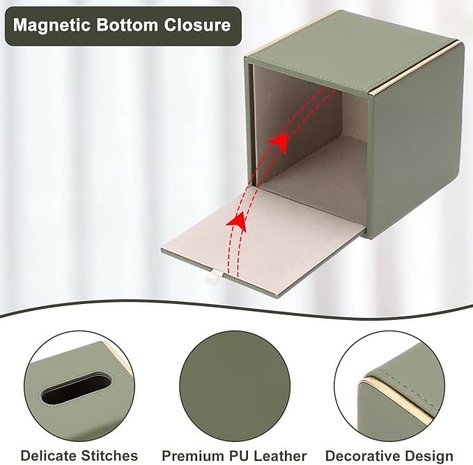 Sumnacon PU Square Tissue Box Cover, Magnetic Bottom, Waterproof,Dark Green | Stylish Cube Tissue Box Holder with Gold Edging Fits Vanity, Toilet Tank, Dresser, Nightstand, Table, Countertop, Office, Car