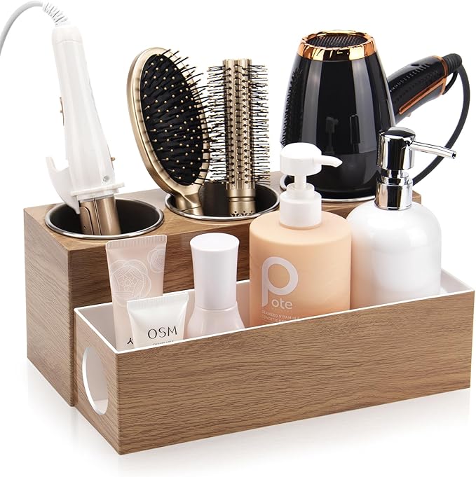 GFWARE Hot Hair Styling Tool Organizer with 3 Stainless Steel Cups, Wood | Hair Accessories Bathroom Vanity Storage, Hair Dryer, Blow Dryer, Curling Iron, Flat Iron, Hot Tools Cooling, Wood-Look