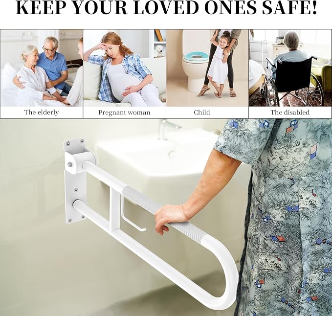 Toilet Grab Bar 32 Inch, YuanDe White Anti-Slip Support Rail | U Shaped Flip-Up Grab Bar with Paper Holder, Stainless Steel Knurled Handicap Safety Handrails for Disabled Elderly Pregnant
