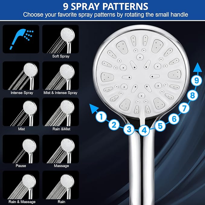 Shower Head, 10'' High Pressure Rainfall/Handheld Shower Combo, Chrome | 9 Settings, Anti-leak Shower Head with 11'' Extension Arm, Holder, Hose, Height/Angle Adjustable Shower, 1.75GPM