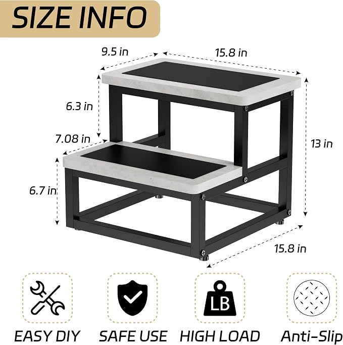 SZLHANJZ Step Stool, Wood & Metal Step Stools for Adults Kids, 500 LB Load | Heavy Duty Step Stool for Kids Adults, Non-Slip 2 Steps Foot Stool for High Beds and Kitchen, Round Corner, Cement Gray