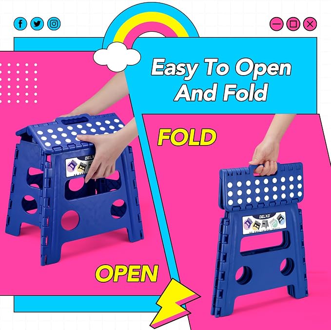 Delxo Folding Step Stool 13 Inch,300 Lbs Step Stool for Adults Blue | Foldable Step Stool 13",Non-Slip Foot Stools with Handle,Lightweight Collapsible stools for Kitchen,Bathroom,Bedroom,Garden