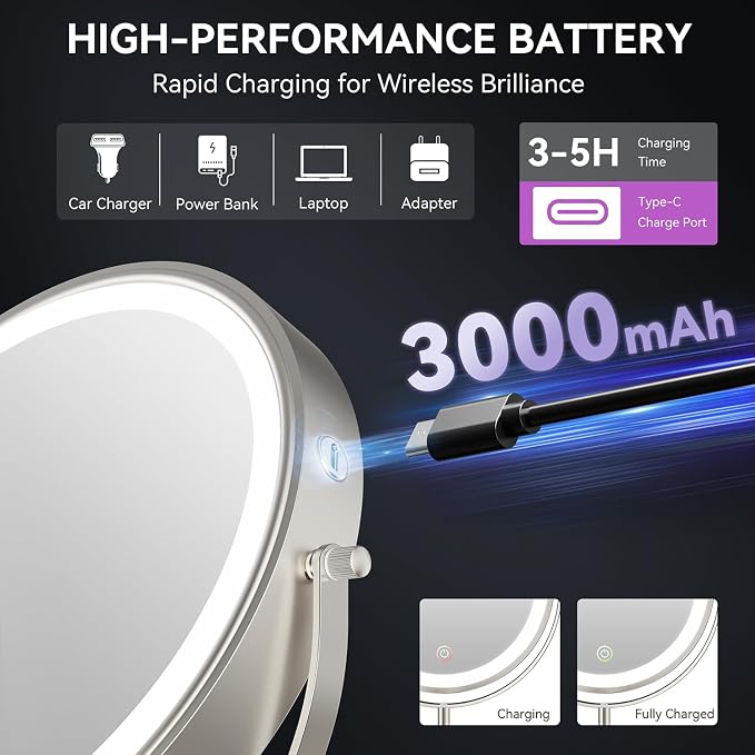 Auxmir 9" 1X/30X Lighted Makeup Mirror, Rechargeable Maginfying Mirror | 3 dimmable colors, 14.9-18.5 in adjustable height, 3000mAh, 360°rotation, stable storage base, 30X magnification, Nickel