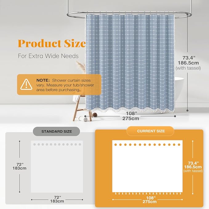 108x72 Boho Farmhouse Linen Heavy Duty Fabric Shower Curtain Set, Blue | Extra Wide Size, 330GSM Linen Blend, 3-side Tassels, Waterproof Cloth, 18 Plastic Hooks, Rustic Bohemian, Machine Washable