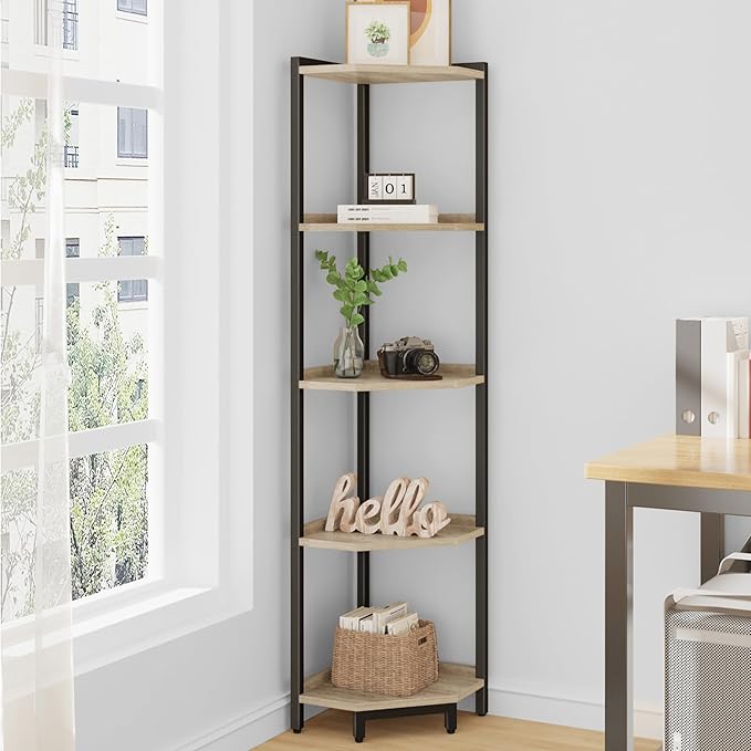 Hzuaneri Corner Shelf Stand, Corner Bookshelf with Metal Frame | Storage Standing Shelf Unit Plant Stand, Bookcase for Living Room, Home Office, Bedroom, 5-Tier Greige CS05905B