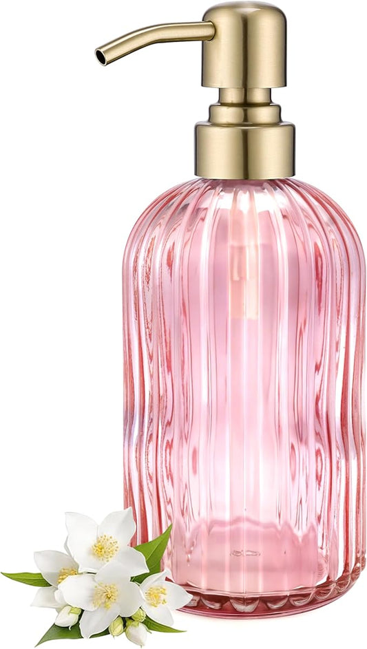 16 OZ Pink Glass Soap Dispenser,Clear Pink Stripe Bathroom Hand Soap Dispensers with Stainless Steel Gold Pump, Pink Kitchen Hand Soap Dispenser with Brushed Gold Pump