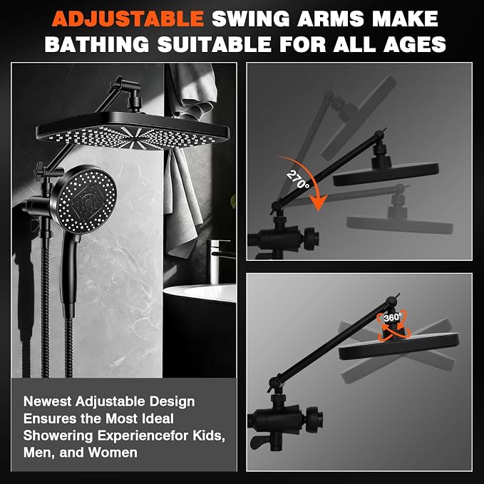 Black Shower Head with Handheld, Adjustable Rain Shower Head with Spray Combo, One-piece High Pressure Filtered Shower Head with Handheld, Built-in Magnetic Docking and Power Jets