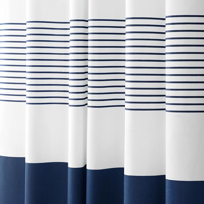 Navy Blue Coastal Ocean Cotton Striped Shower Curtain with Tassel 60W X 72L | Boho Farmhouse Shower Curtains for Bathroom with Soft Cotton Feel