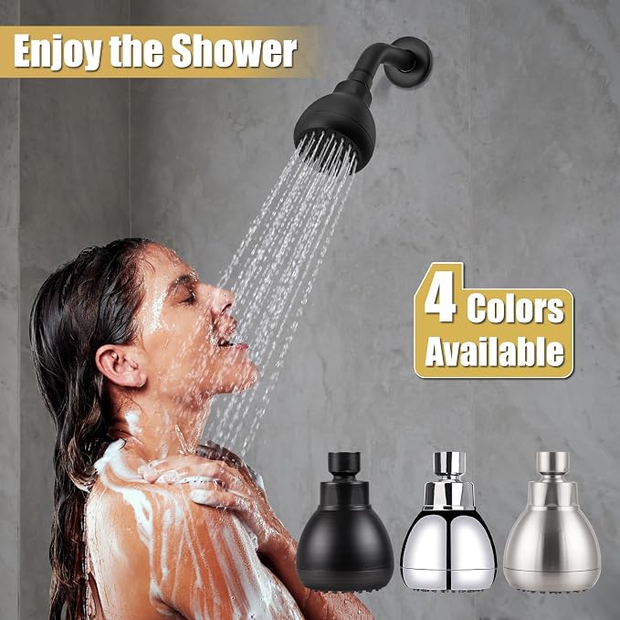 AISOSO Fixed Shower Head High Pressure 2PCS 3 Inch Showerhead Matte Black | 360 Rotatable Design, Self Cleaning Silicone Nozzles, Adjustable Swivel Brass Ball Joint for Relaxing and Comfortable Shower