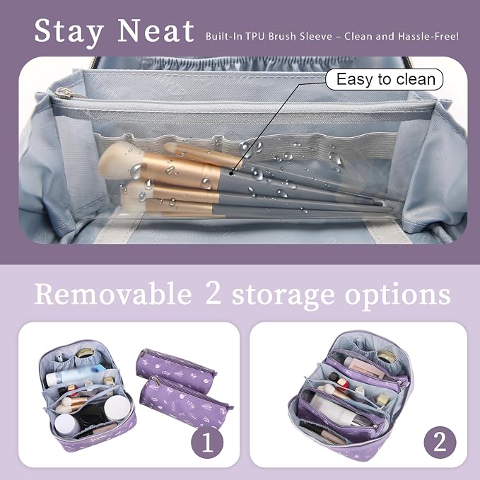 BOYATU Travel Makeup Bag Cosmetic Bags for Women: 3-Piece Makeup Bag Set | | Up to 20 3.4-oz Bottles | 180° Open-Flat Toiletry Organizer for Travel Essentials | Gift-Ready | (L-3-Lilac)