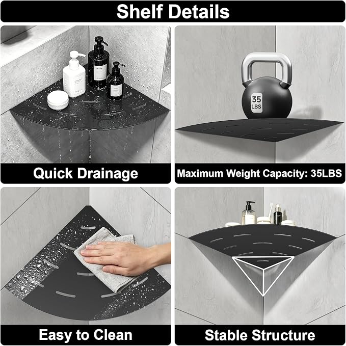 soaez Matte Black Corner Shower Shelf, SUS304 Stainless Steel Recessed Bathroom Shower Shelves, No Drilling Grout Mount Shelf for Shower, Bathroom Accessories (8", 2Pack)