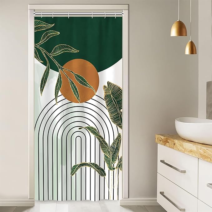 Abstract Boho Green Stall Shower Curtain with Hooks 36x72 Inch | Waterproof Small Emerald-green Leaves Bathroom Curtain for Shower Stall, Machine Washable