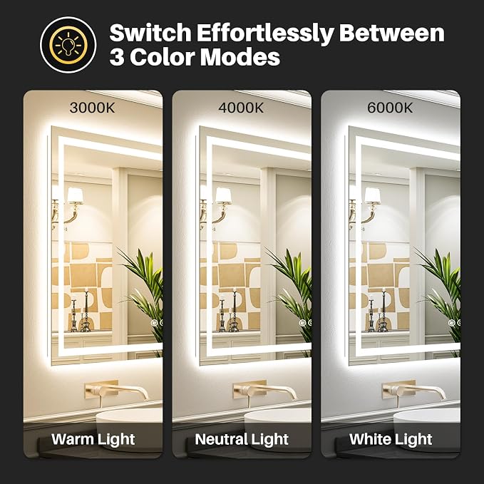 72x48 Inch LED Bathroom Mirror with Lights, Dual Lit Anti-Fog | 3 Color Dimmable, Memory Function, HD Reflection Tempered Glass, ETL Listed, IP54 Waterproof