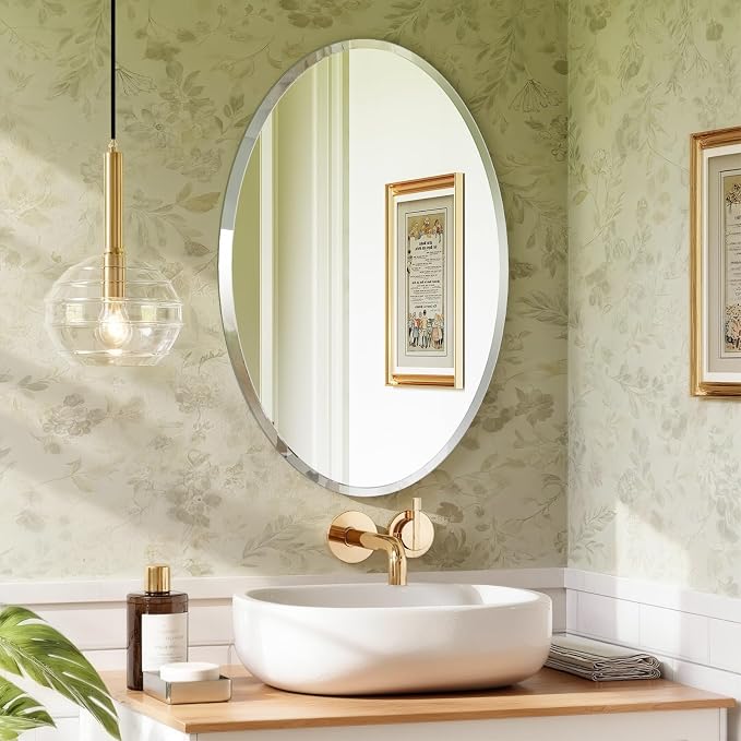 Frameless Oval Mirror, 16x24 Inch Oval Beveled Bathroom Mirrors for Over Sink, Tempered Glass Mirror for Vanity, Living Room, Bedroom, Entryway