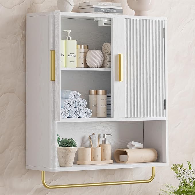 Bathroom Wall Cabinet, Medicine Cabinet with Fluted Door & Adjustable Shelf | Over The Toilet Storage Cabinet with Towel Bar, Space-Saving Cabinet Wall Mount for Laundry Room, Kitchen, Living Room