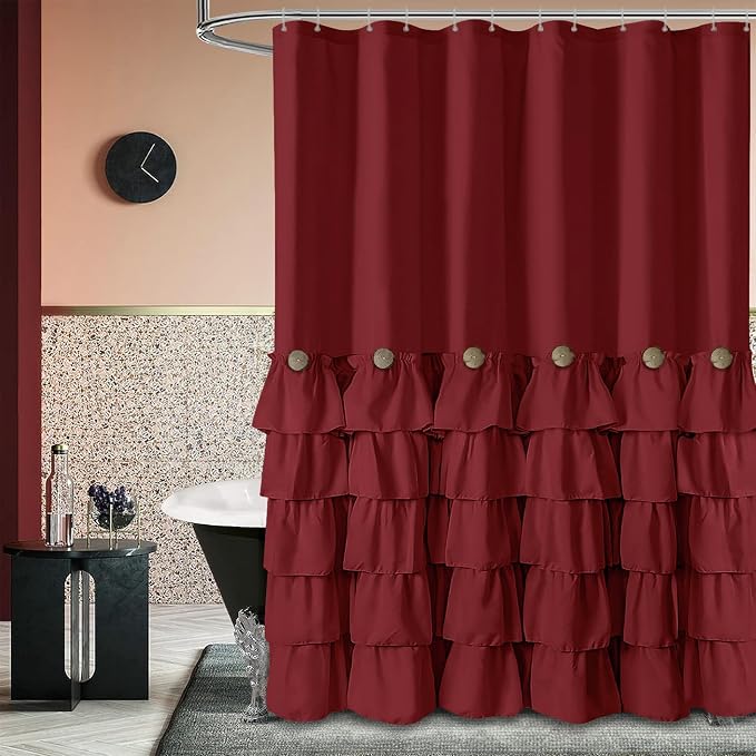 Seasonwood Burgundy Shower Curtain with Nature Buttons Ruffle Shower Curtains Farmhouse Shower Curtain for Bathroom 72" W x 78" L,Burgundy/Red