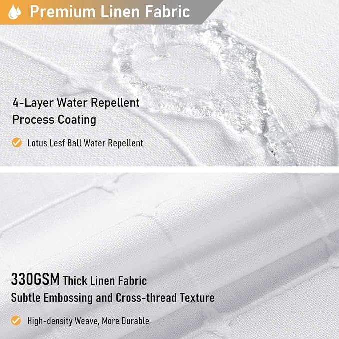 60x84 Boho Farmhouse Linen Heavy Duty Fabric Shower Curtain Set, White | Narrow Long Size, 330GSM Linen Blend, 3-side Tassels, Water Repellent Cloth, 10 Hooks, Rustic Bohemian, Machine Washable