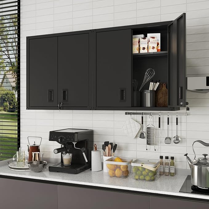 30 Inch Metal Wall Cabinet, Metal Wall Cabinet for Garage, 2pcs,Black | Wall Mount Cabinet with Lock and Adjustable Shelf, Lockable Storage Cabinet for Home Office,Garage,Gym,School