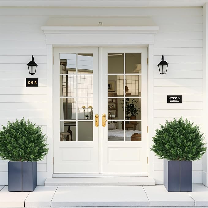 2Pack Artificial Cedar Topiary Ball Trees Outdoor, UV Resistant | Fake Shrubs Bushes with Ground Spike, Evergreen Faux Cypress Plants for Outdoor Indoor Front Porch Garden Decor