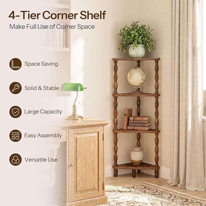 HOOBRO 4-Tier Corner Shelf, Wooden Corner Bookshelf for Small Space, Stylish Corner Storage Display Shelves for Living Room, Kitchen, Office Rustic Brown FG194CJ01