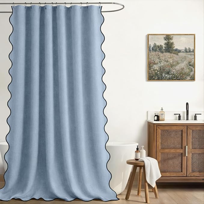 Scalloped Shower Curtain Linen Boho Flax Blue Grey 72" W x 72" L | Linen Fabric, Black Border, Washable, Heavy Duty Cloth, Shower Curtain for Boho Farmhouse Bathroom Bathtub