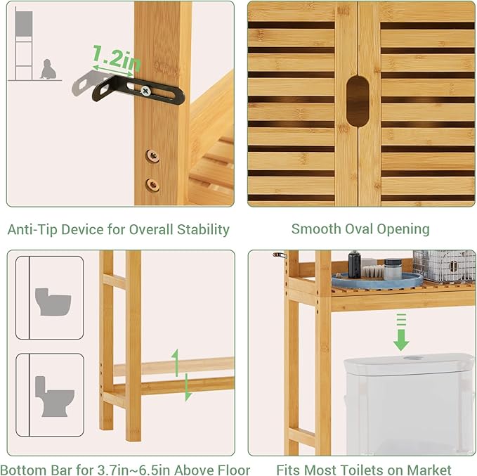 Over The Toilet Storage Cabinet, Tall Bathroom Cabinet Organizer with Cupboard and Adjustable Shelves, Freestanding Toilet Shelf Space Saver Rack Stand for Laundry Room, Balcony, Bamboo