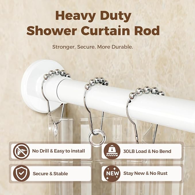 HYSEYY Heavy Duty Shower Curtain Rod,26-80inch Adjustable Tension Rod White | No Drilling Shower Rods for Bathroom, 1" Diameter Spring Tension Curtain Rod, Non Slip Rust Proof Curtain Rod for bathtubs
