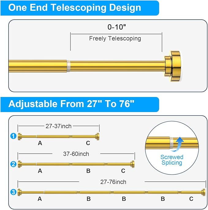 TEECK Shower Curtain Rod, 27-76 inch Adjustable Spring Tension Curtain Rod, Never Rust Anti-Slip Shower Curtain Rod for Bathroom, No Drilling, Never Collapse, Easy to Use, Gold