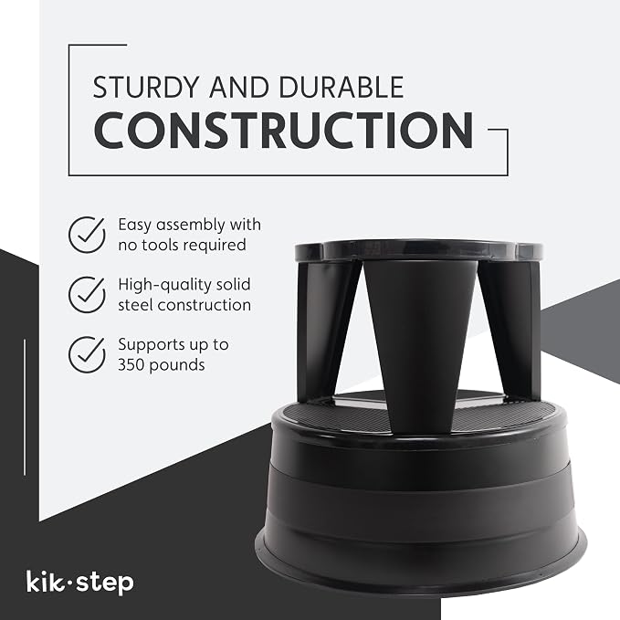 Step Stool with Locking Wheels, Cramer Kik-Step Heavy Duty Rolling Steel Stool, Non-Slip, Holds 350 lbs (Black)