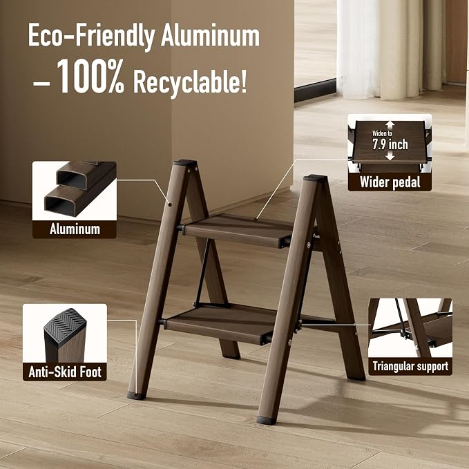 Mayi Plus 2 Step Stool Foldable, Aluminum, Lightweight Step Ladder | Extra-wide anti-slip folding steps with 330 lbs, for home,kitchen,office,outdoor,Walnut