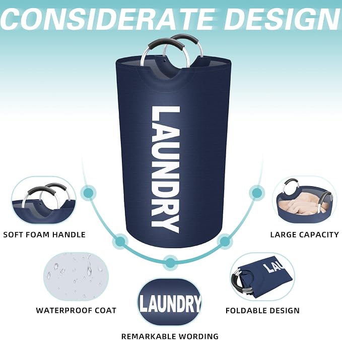 90L Large Laundry Basket, Dirty Clothes Waterproof Laundry Hamper, Blue | Collapsible Laundry Basket with Foam Protected Aluminum Handles for Laundry Dorm Family, Black Dirty Clothes Hamper