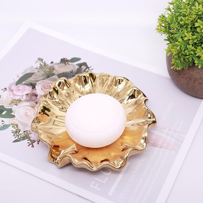 Lotus Leaf Soap Dish Gold Ceramic Soap Holder Self Draining Soap Dish Waterfall Slot Sponge Holder Bathroom Accessories for Bathroom, Kitchen,Bar Counter.