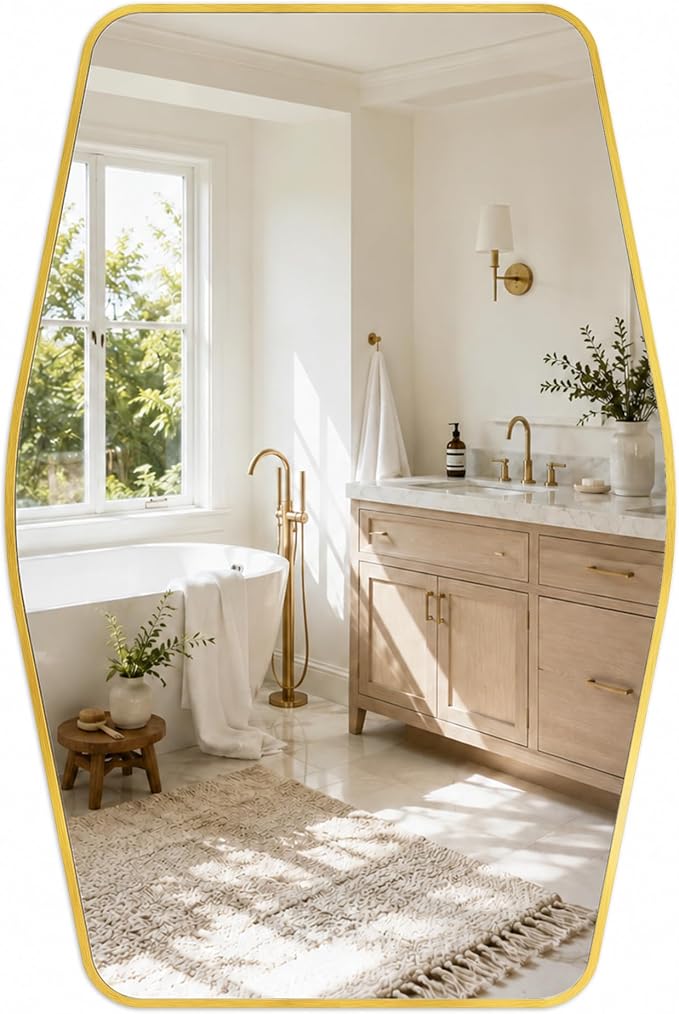 Brushed Gold Tapered Rectangle Bathroom Mirror, 24x36 Inch | Aluminum alloy frame, tempered glass, two-way keyhole mount, for dressing room and entryway