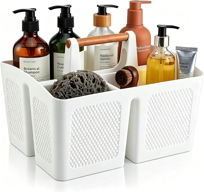 Plastic White Shower Caddy Basket with 3 Compartments, Portable Divided Bathroom Cleaning Caddy Organizer Storage Tote with Handle for Dorm, College, Room Essentials